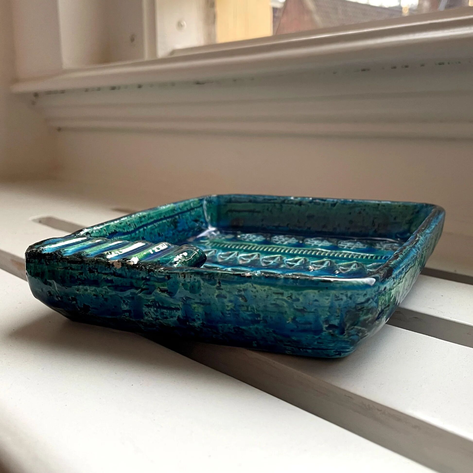 Aldo Londi for Bitossi Italian square teal blue green ashtray