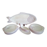 Old Fish Service for 12 pers. in Longwy ceramic, Copenhagen model, 1890s - 1939