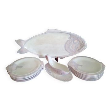 Antique Longwy ceramic fish service for 12 people, Copenhagen pattern, 1890-1939