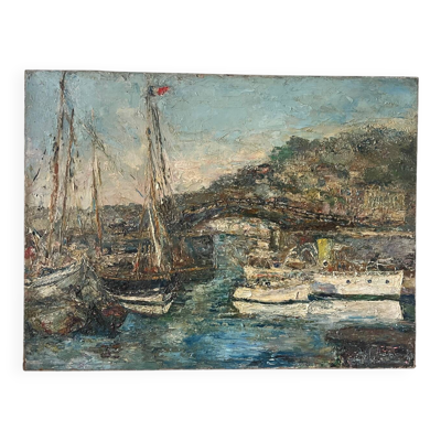 Port méditerranéen, huile sur toile technique couteau