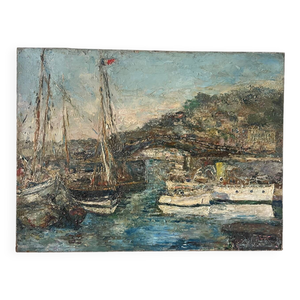 Port méditerranéen, huile sur toile technique couteau
