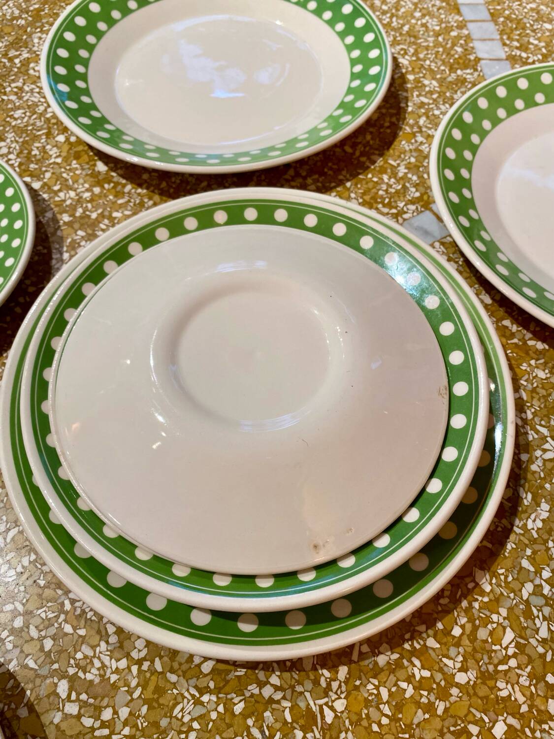Set of 12 antique polka dot plates for 4 people
