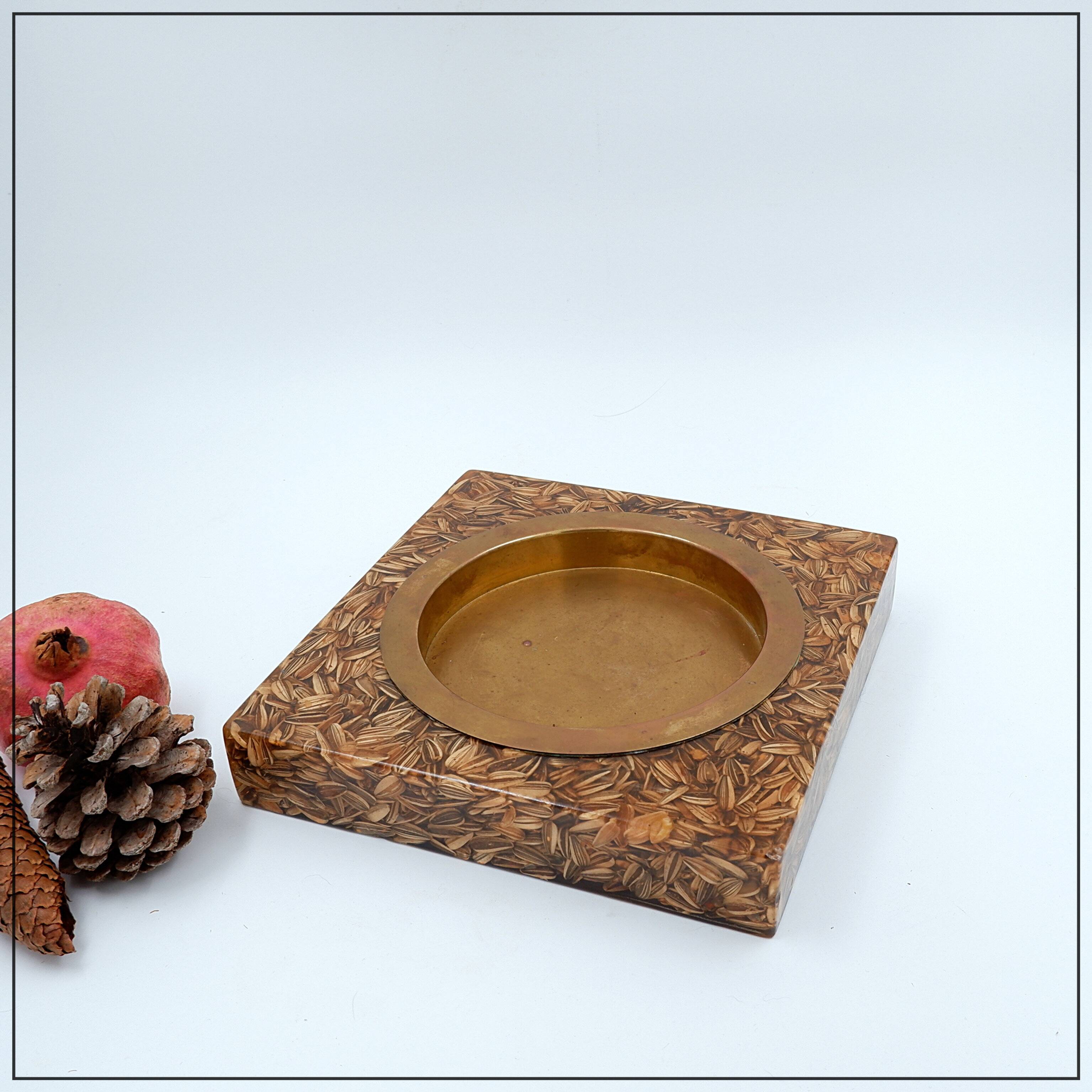 Large square brass and epoxy trinket tray with seed inclusions