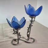 Tin & glass candle holder, floral decoration, signed Jean Goardére.