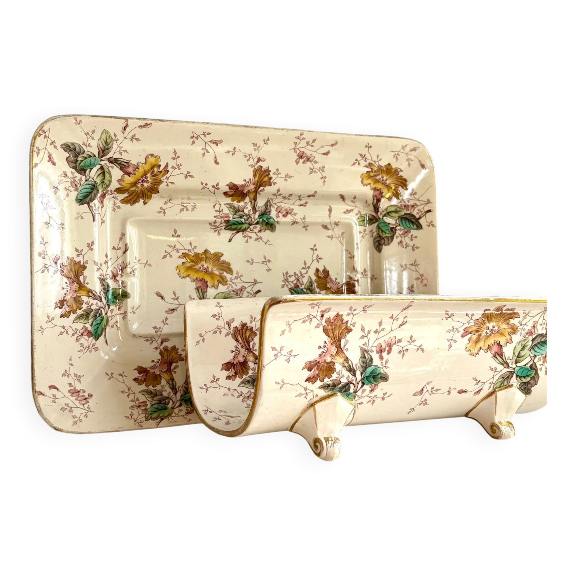 Lunéville asparagus dish in polychrome and gilded ironstone