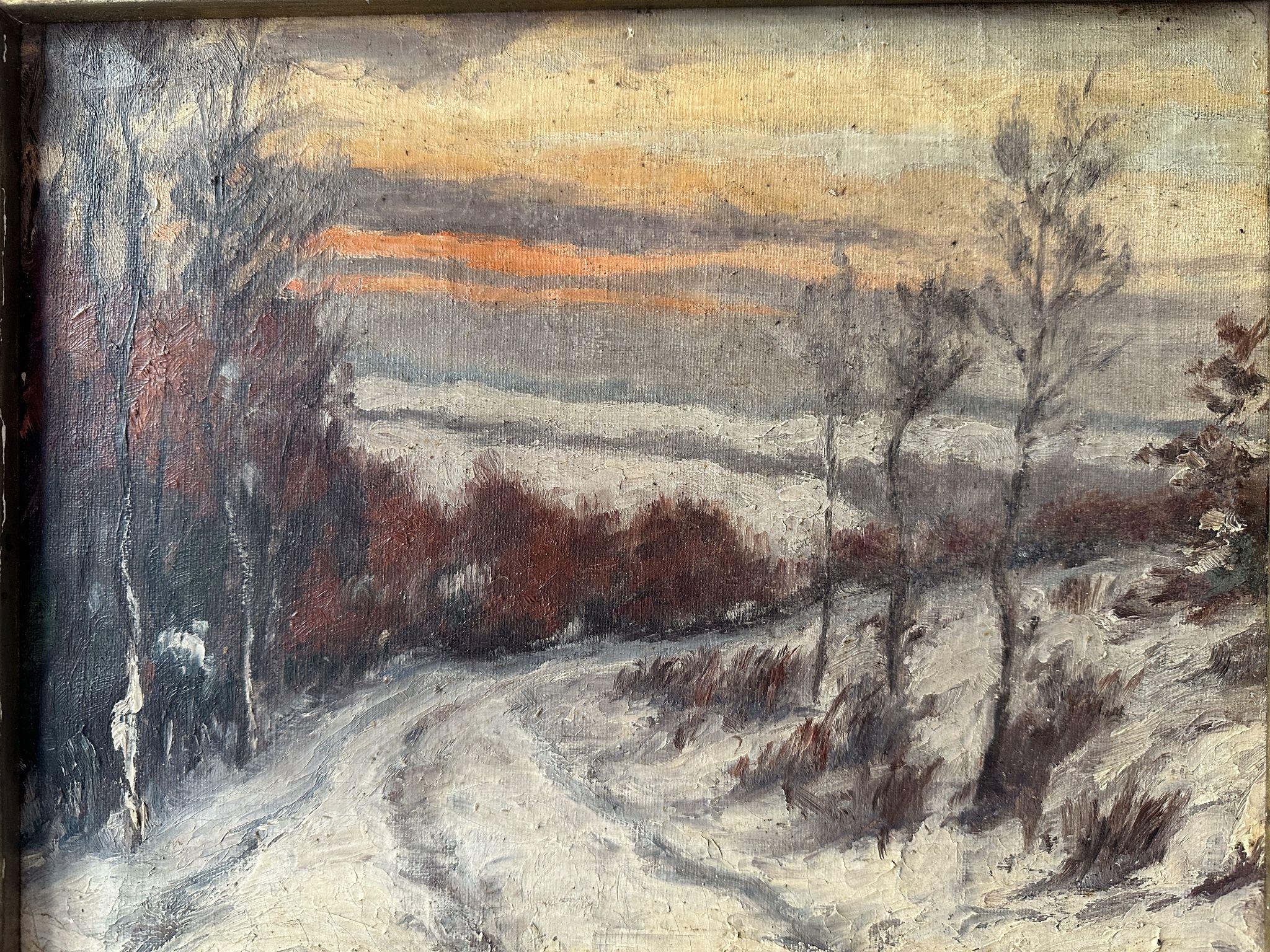 Oil on canvas of a winter landscape at dusk 1900, snow in the countryside.