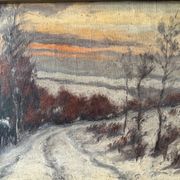 Oil on canvas of a winter landscape at dusk 1900, snow in the countryside.