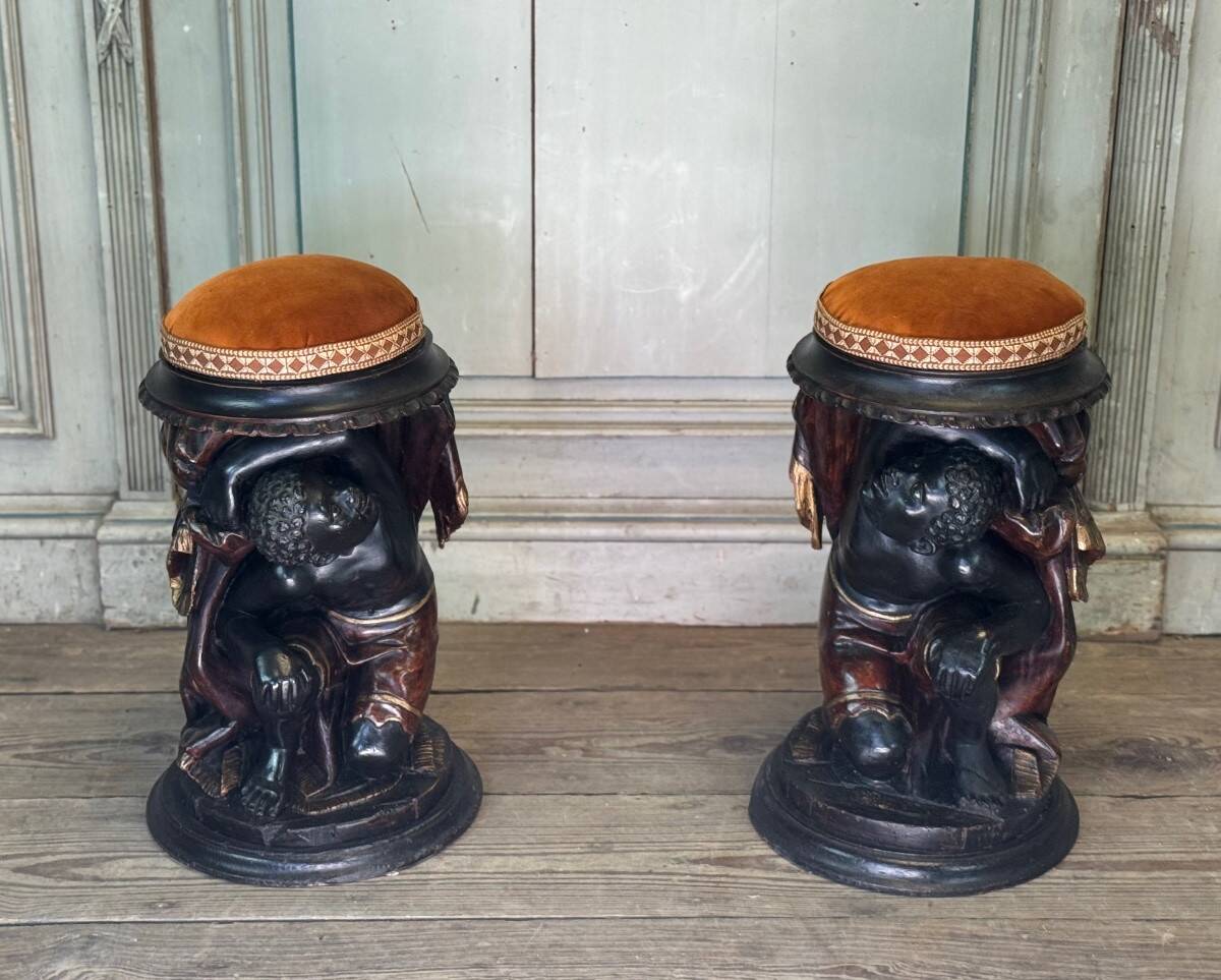 Pair of Nubian stools, polychrome sculptures, Venice circa 1880