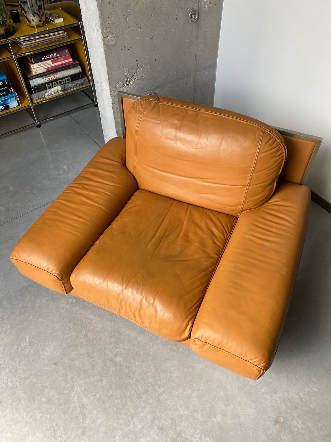 Fauteuil vintage Steiner en cuir havane