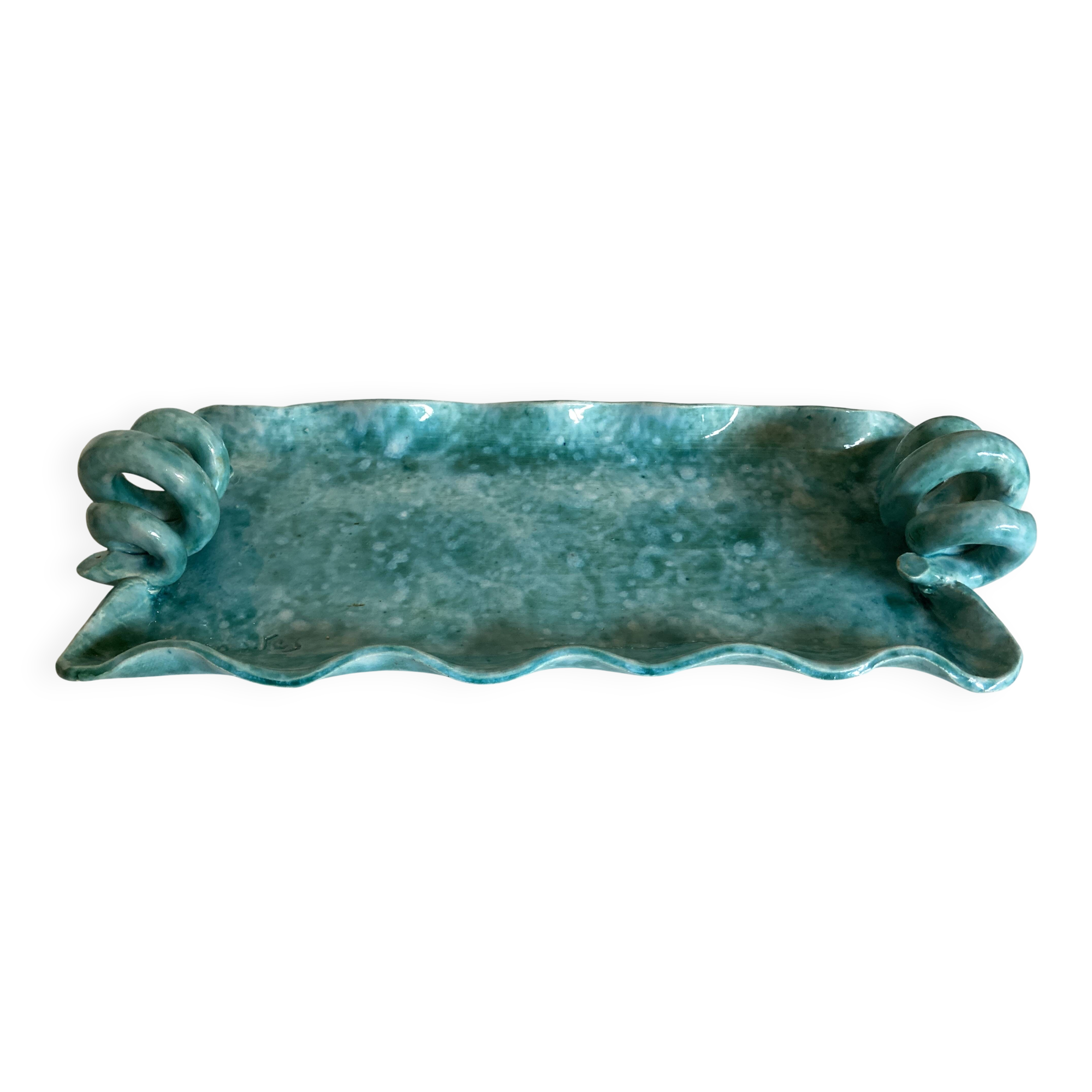 Wavy turquoise glazed earthenware plate 1960 Provence