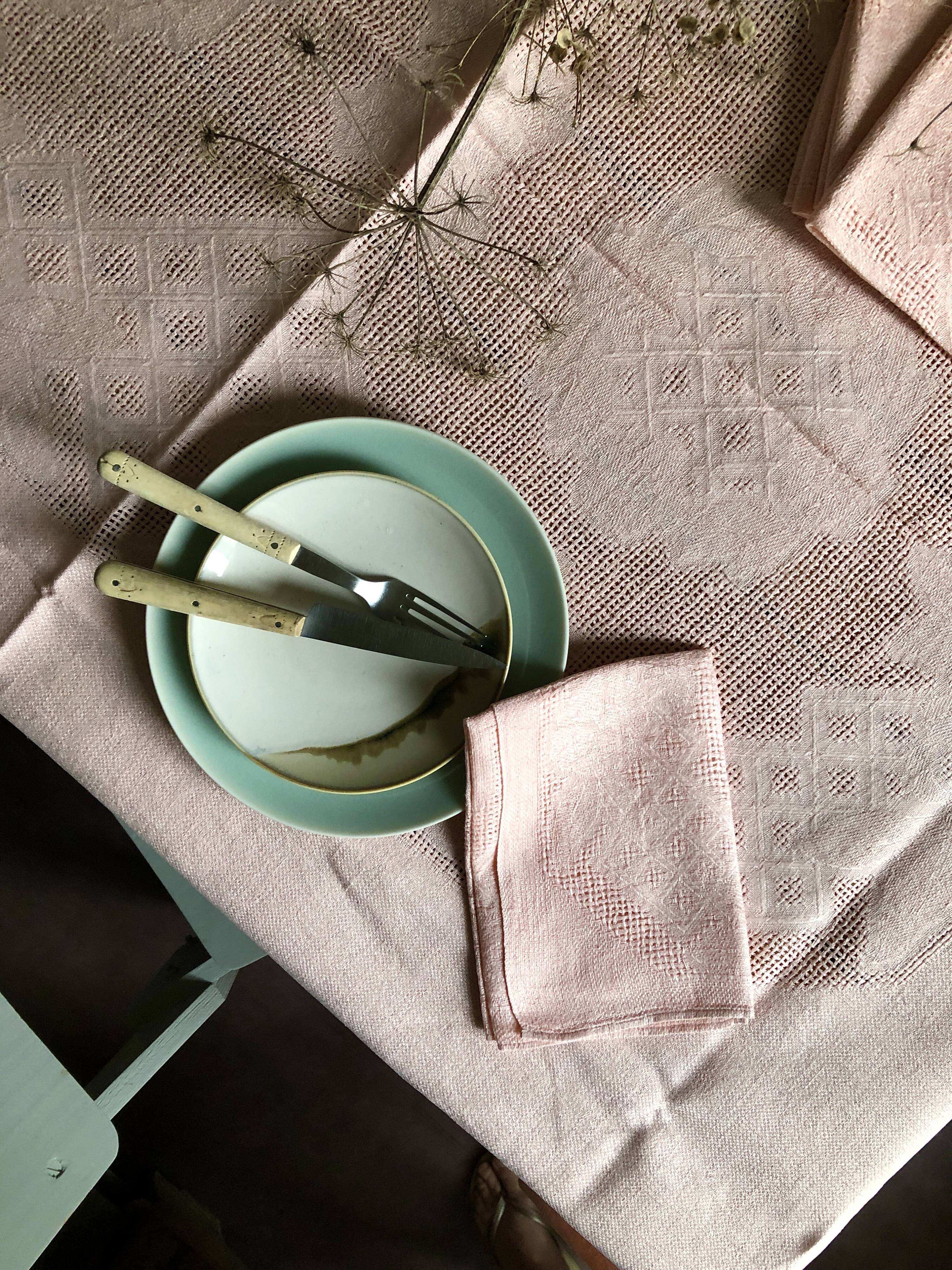 Antique tablecloth in pure linen tinted coral pink