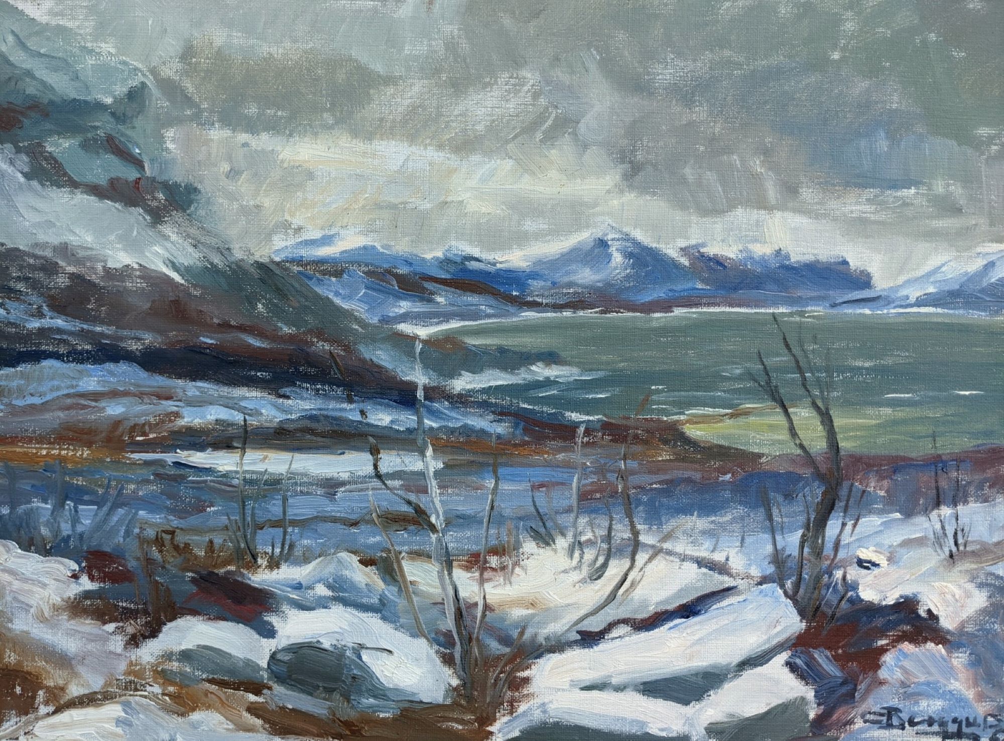 Mid 20th Century "The Mountains" Swedish Expressionist Winter Landscape Oil Painting, Framed