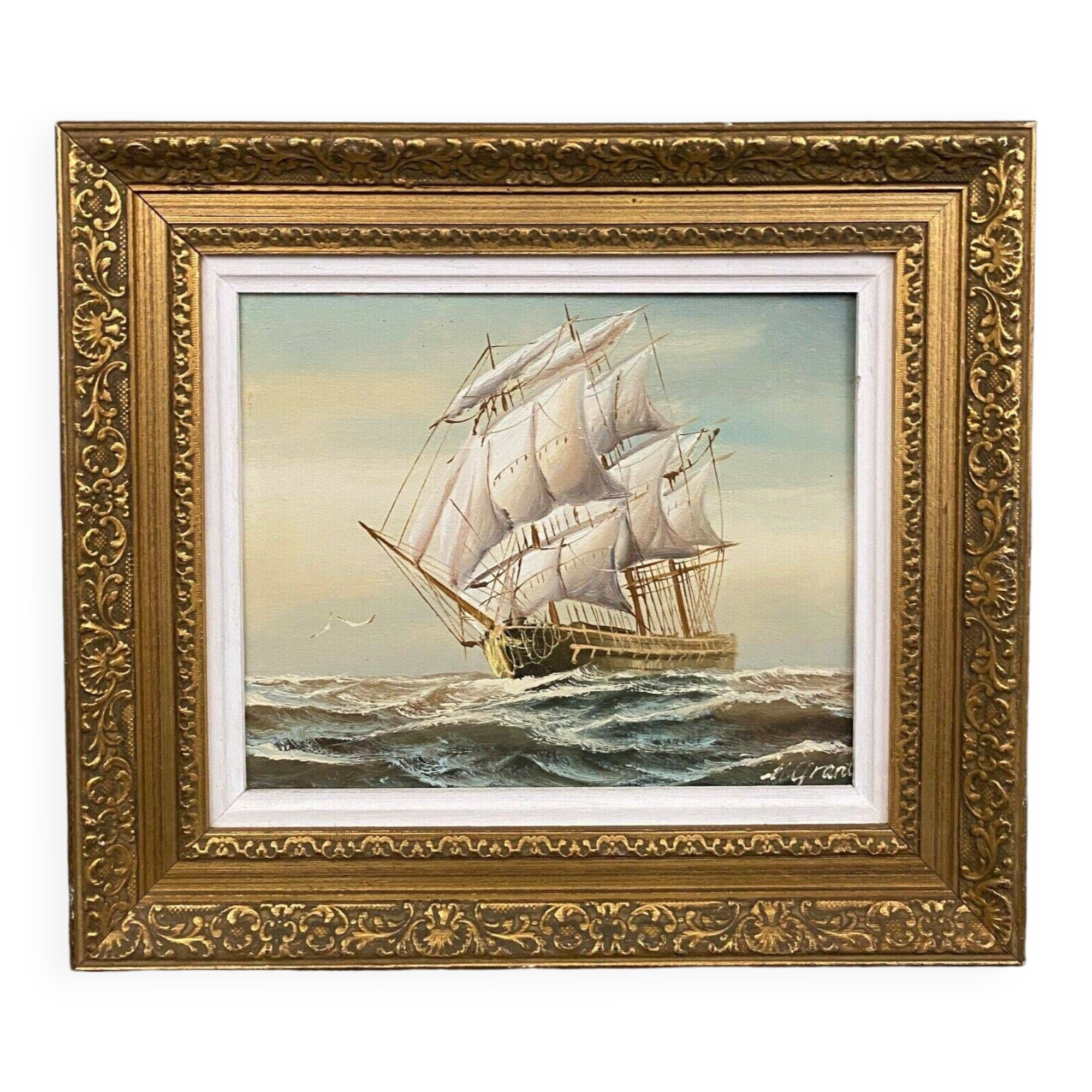 Huile sur toile par Grant XXe représentant un galion