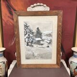 Ancien tableau / dessin sur papier signé et daté 1960. Montagne, chalet, hiver