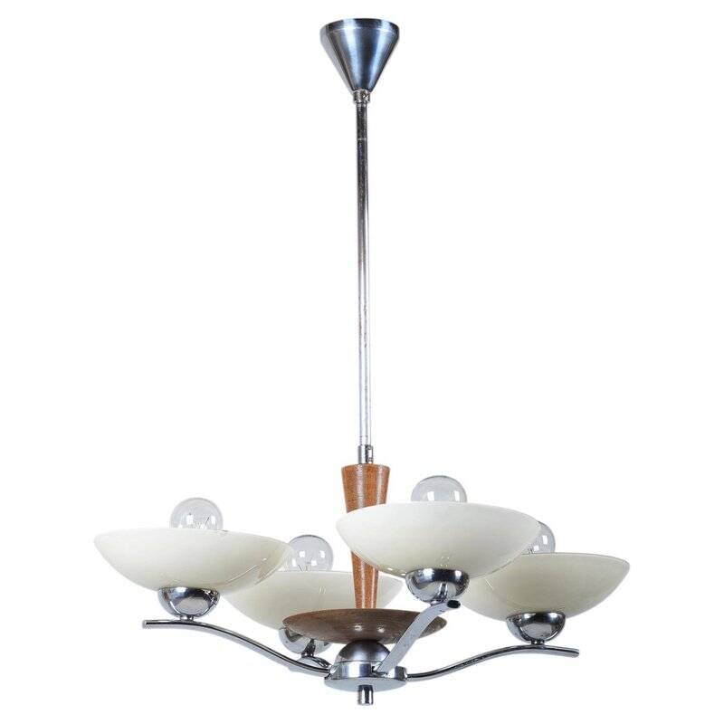 Art Deco Chandelier in Chromed Steel and Beech, Czech, 1920s