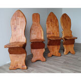 Series of 4 brutalist chairs carved in solid pine 1970