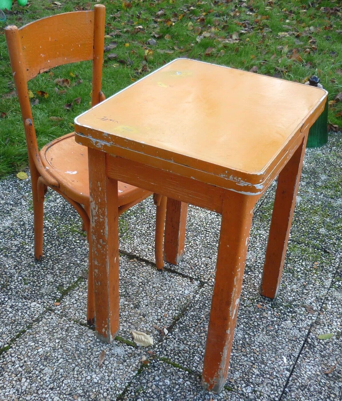 Table with extensions in wood and aluminum, ROC + 1 chair from the 50s