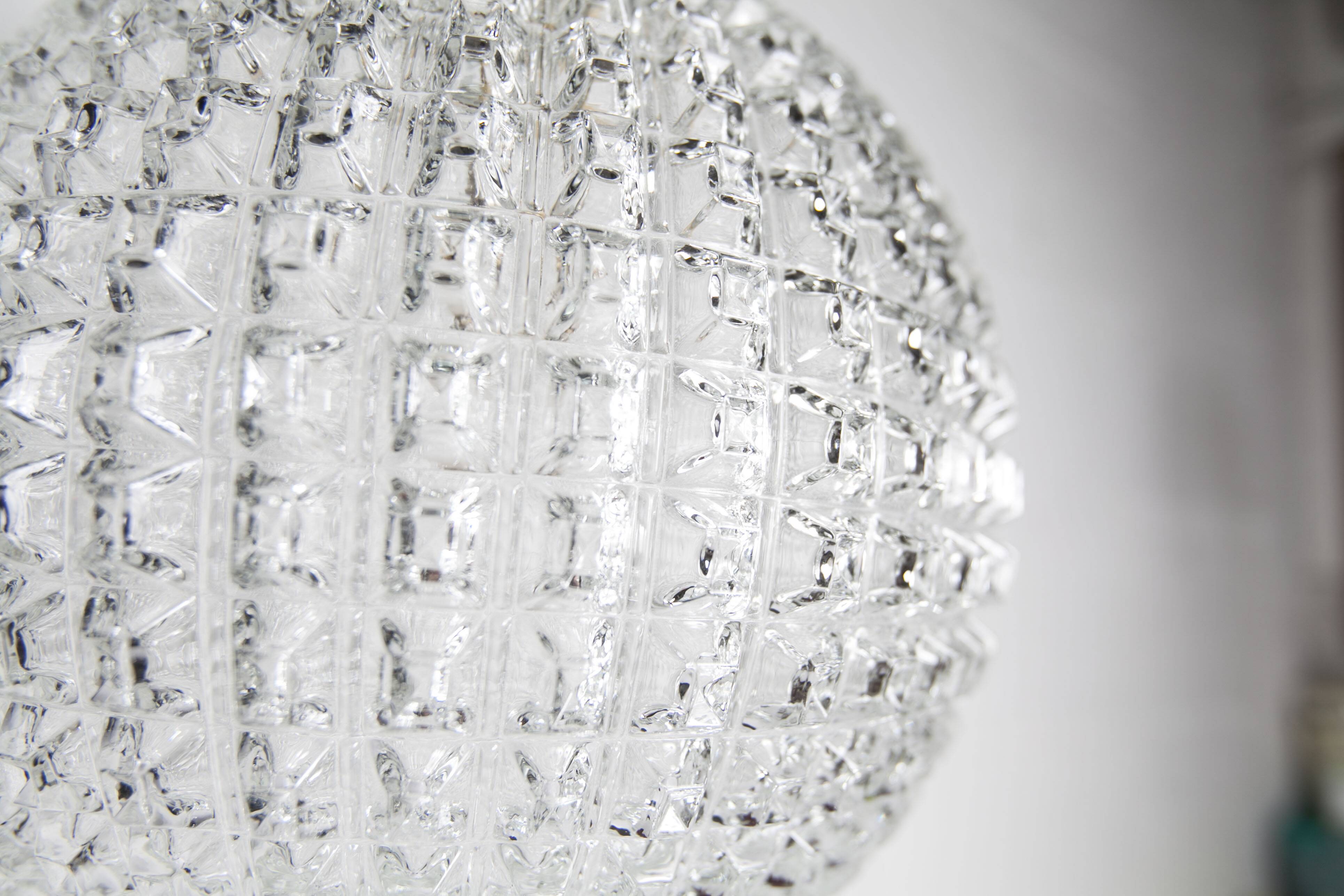 1960s Holophane Ball Pendant Chandelier, Thick Glass, 30 cm, and Vintage Brass