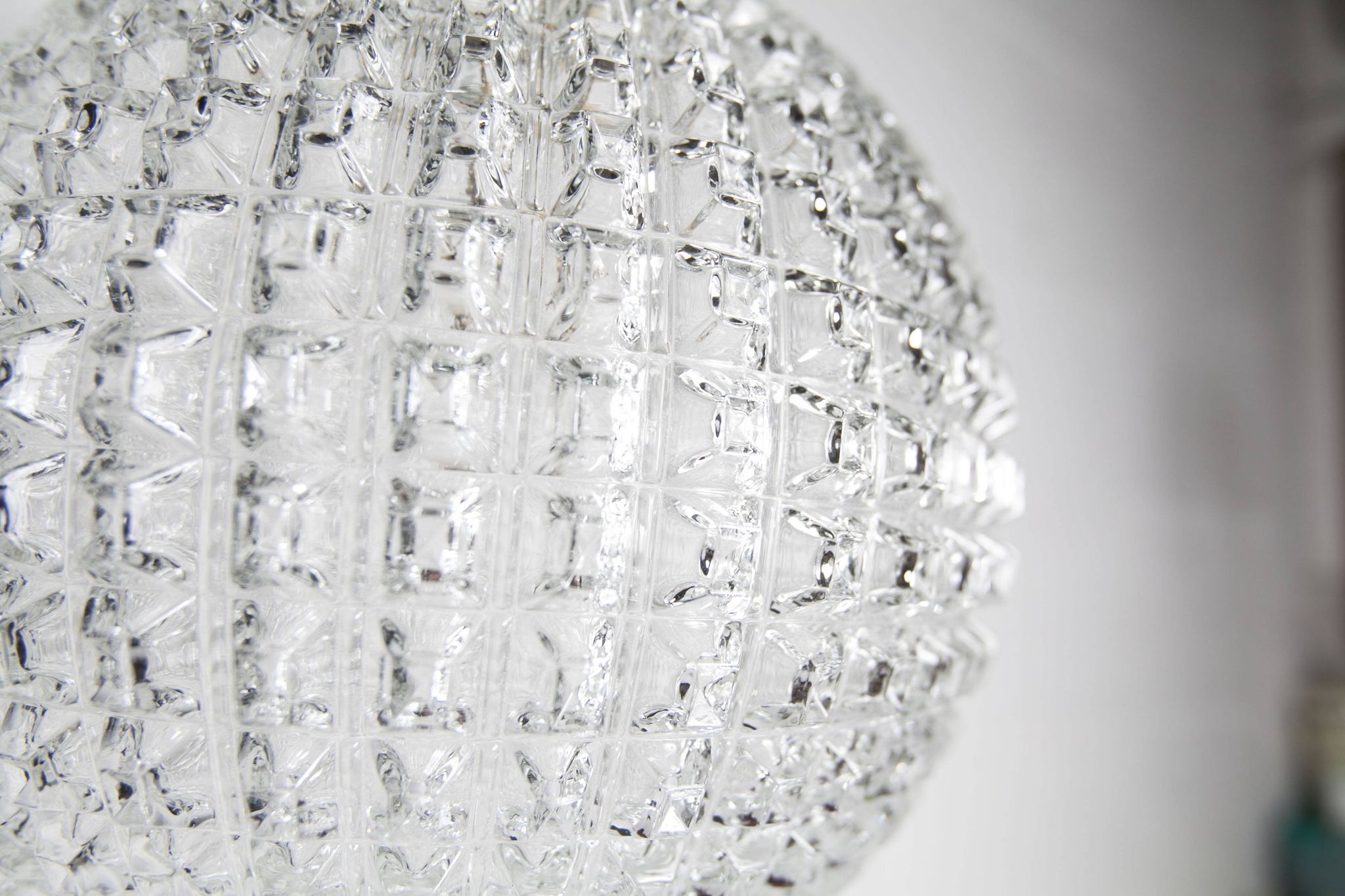 1960s Holophane Ball Pendant Chandelier, Thick Glass, 30 cm, and Vintage Brass