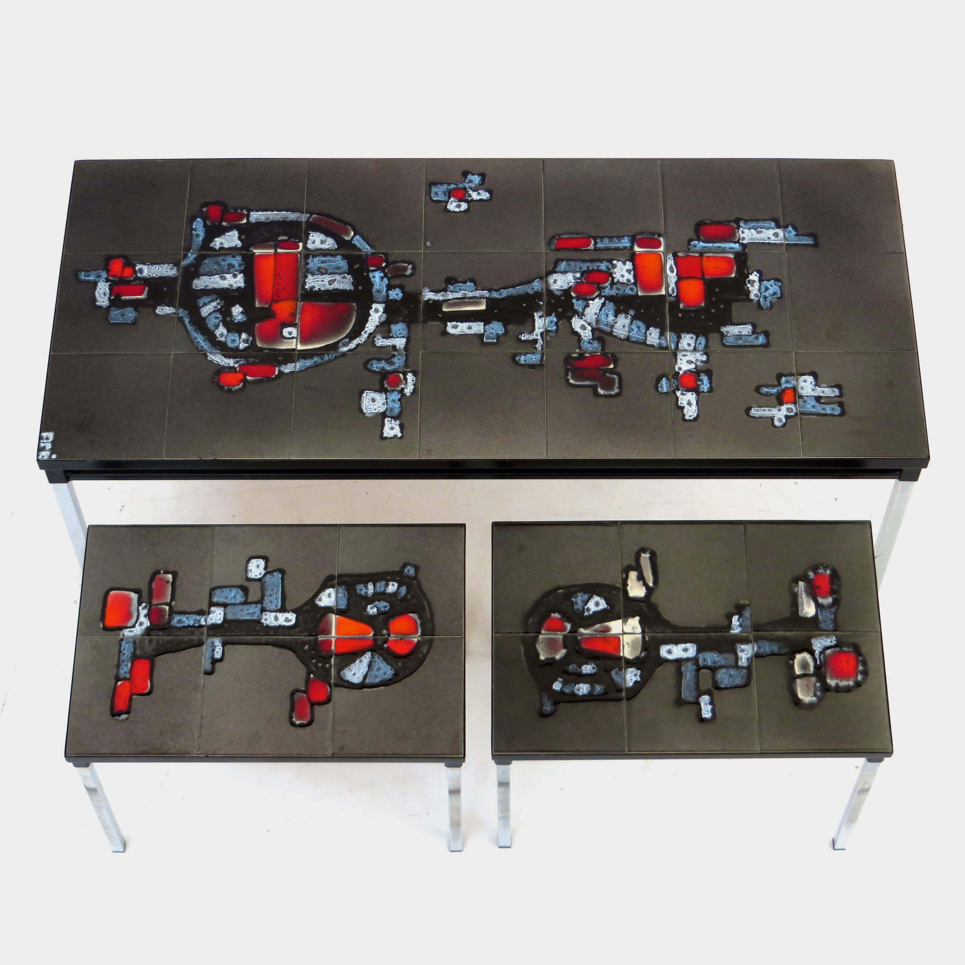 Vintage Adri Belgique ceramic nesting tables mimiset: 1 coffee table and 2 sidetables, 1960s