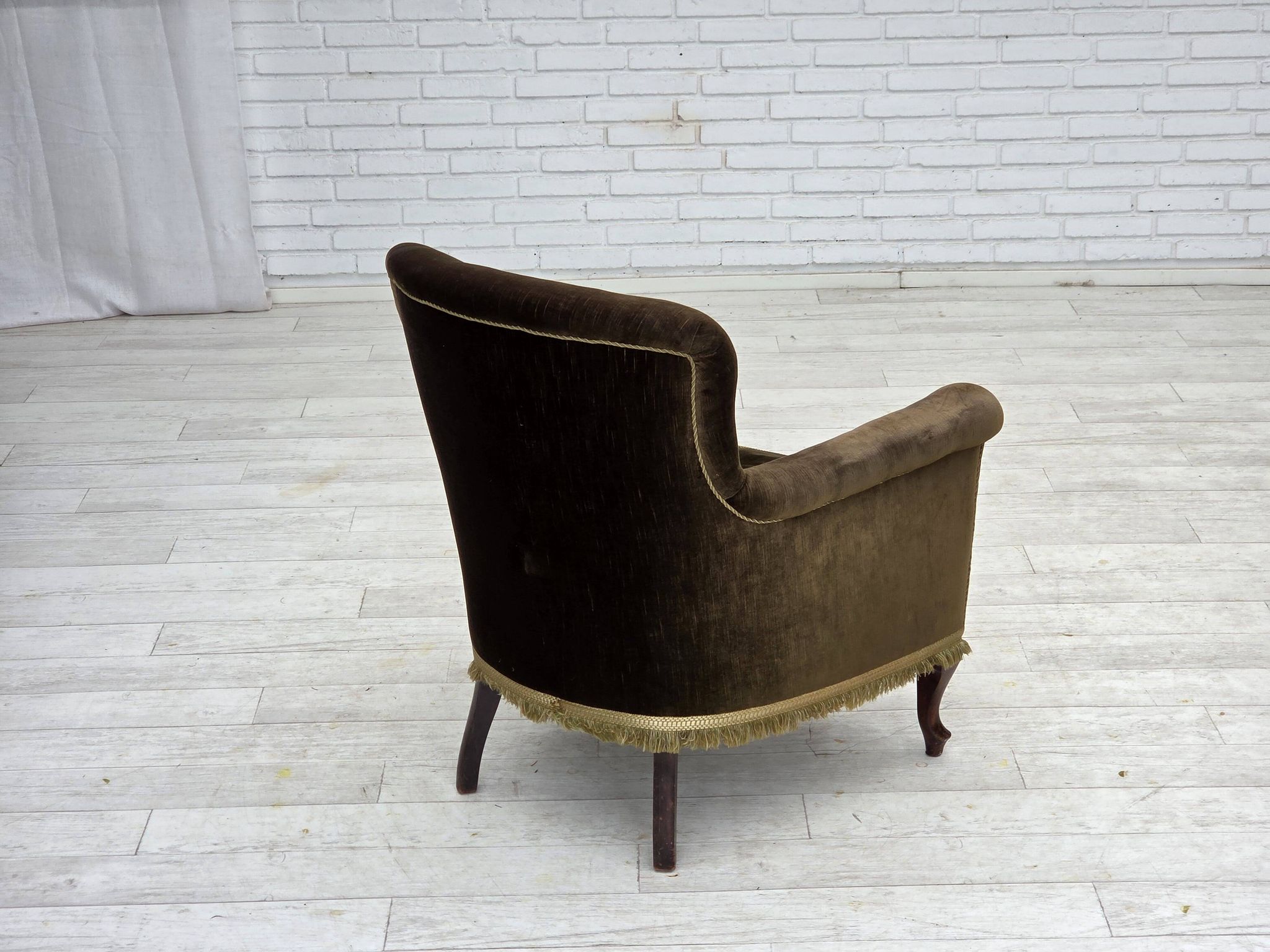 1950s, Scandinavian armchair, green furniture velour, ash wood.