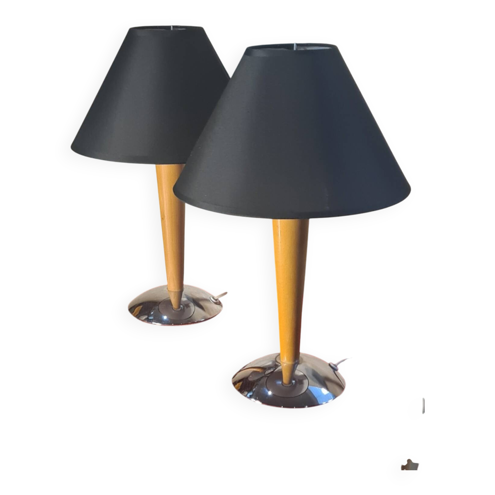 Pair of Scandinavian style bedside lamps in wood and chrome metal, electric ok, 40x25.