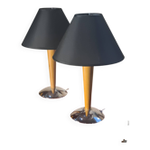 Pair of Scandinavian style bedside lamps in wood and chrome metal, electric ok, 40x25.