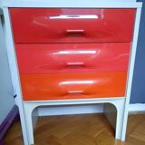 DF2000 bedside table with two drawers coral red orange Raymond Loewy