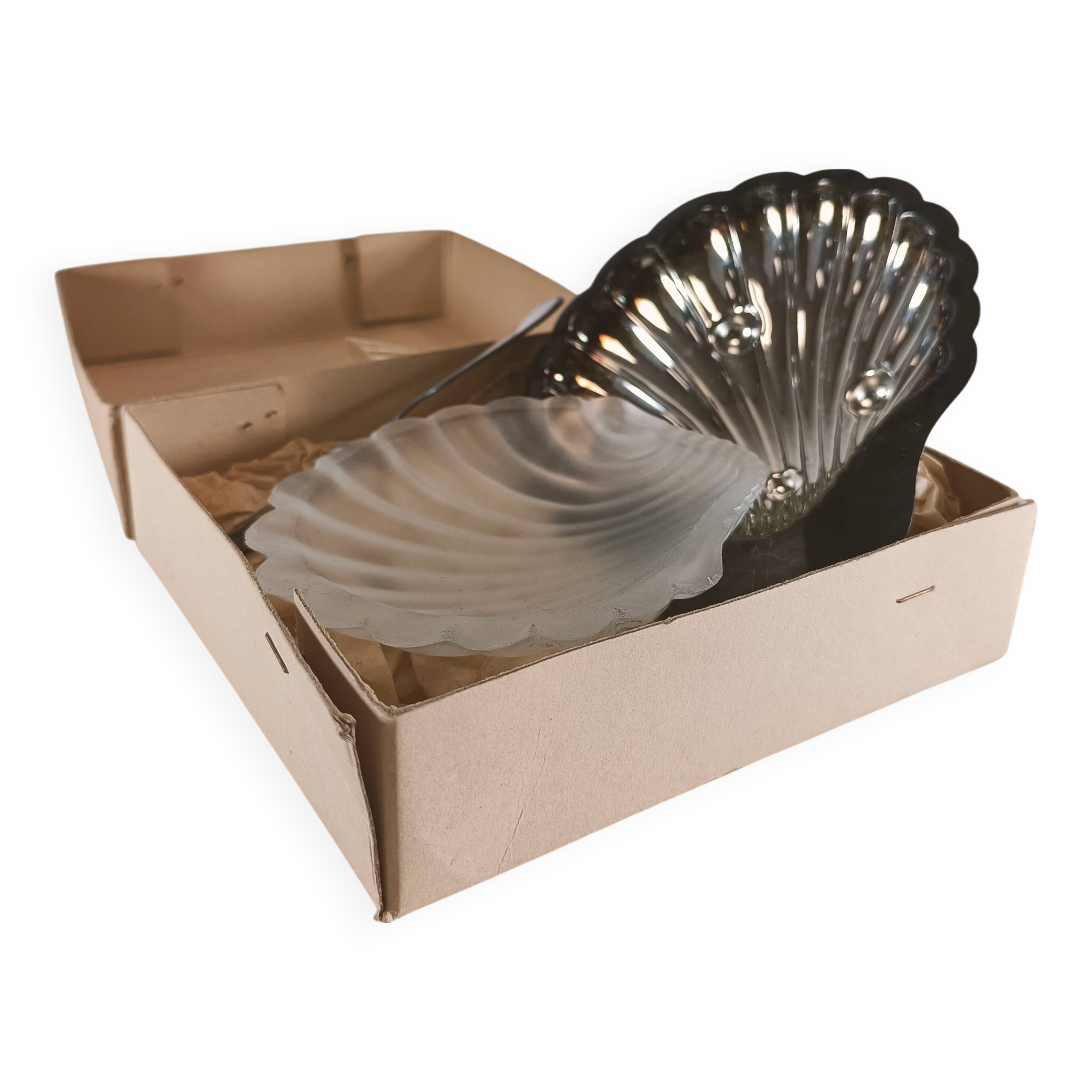 Complete Shell Butter Dish - Metal & Glass - Original Box - 1970s