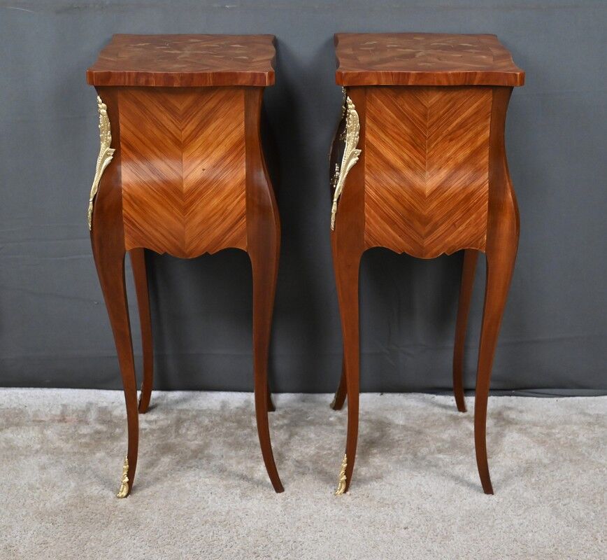 Pair of bedside tables in marquetry, Louis XV style – Mid 20th century