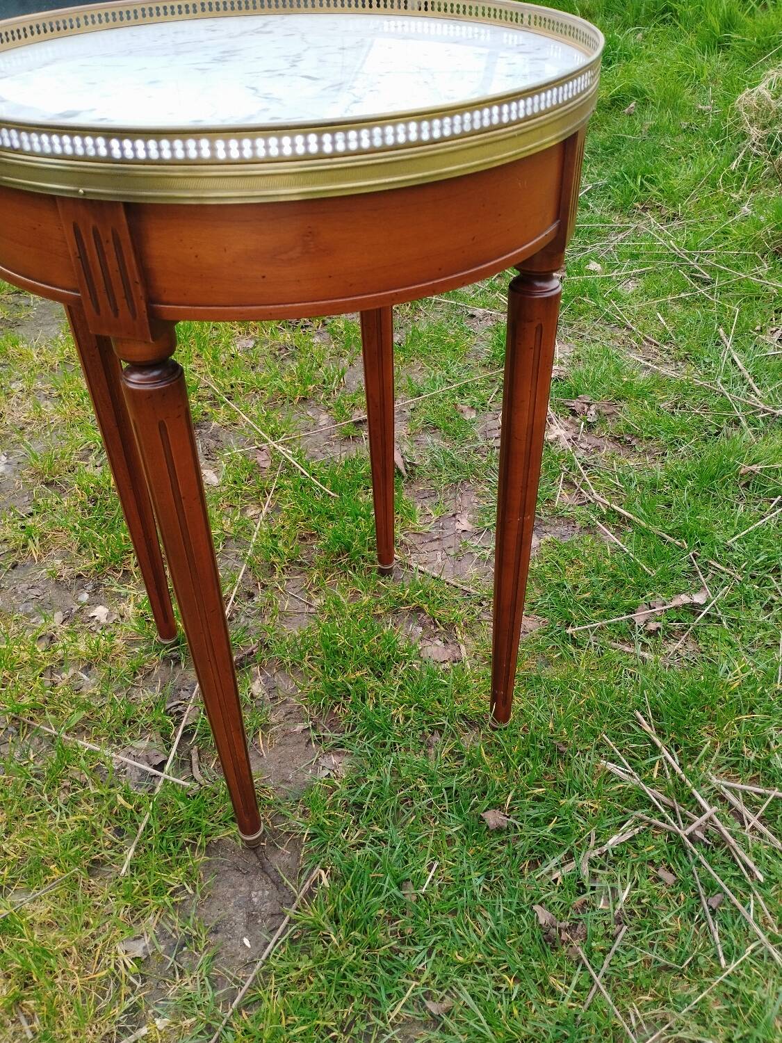 Antique hot water bottle table, Louis XVI style marble top