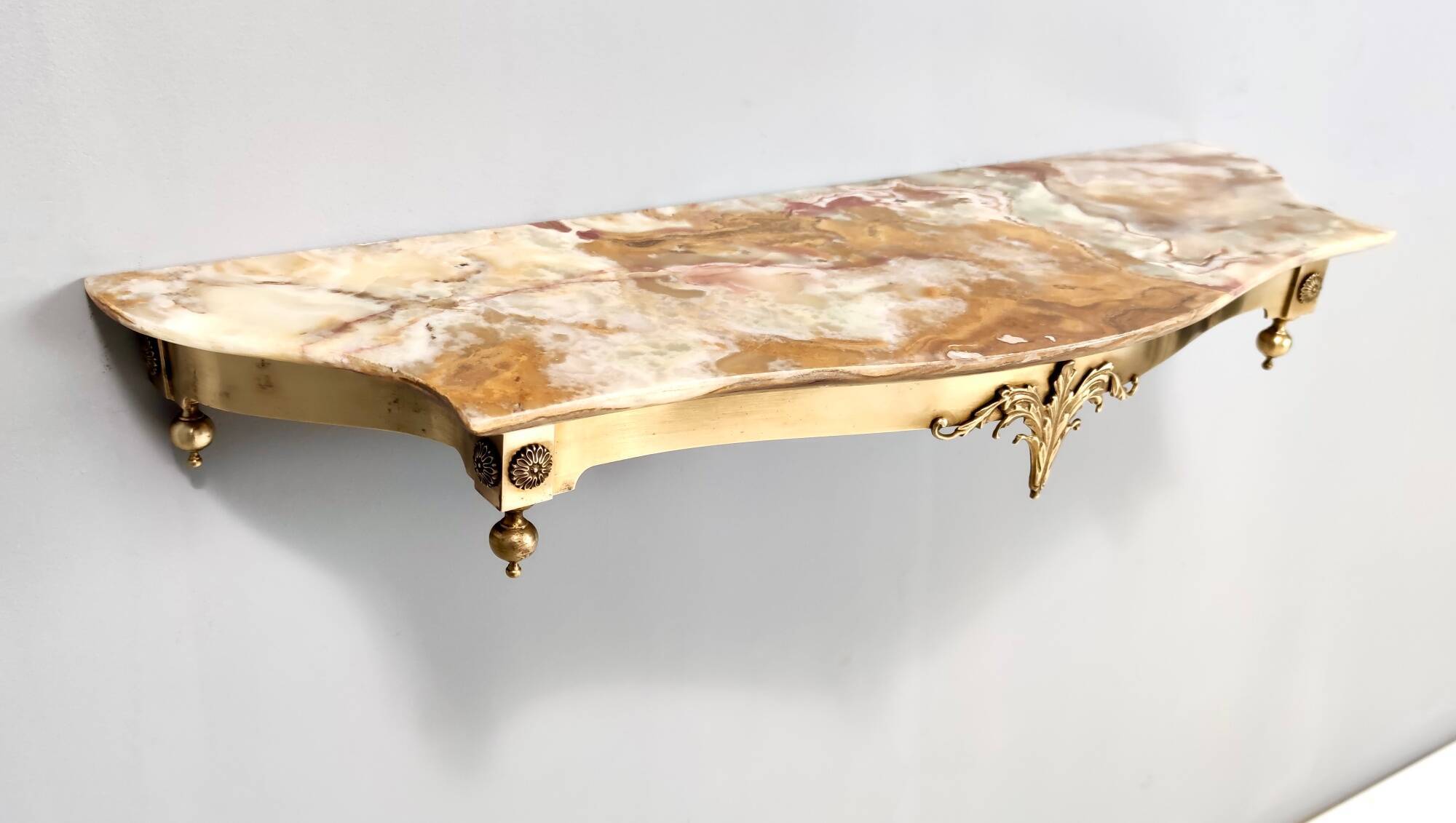 Vintage Wall-Mounted Brass Console Table with Yellow Onyx Top, Italy