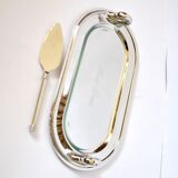 Vintage silver-plated foie gras platter with goose head decoration and serving spatula.
