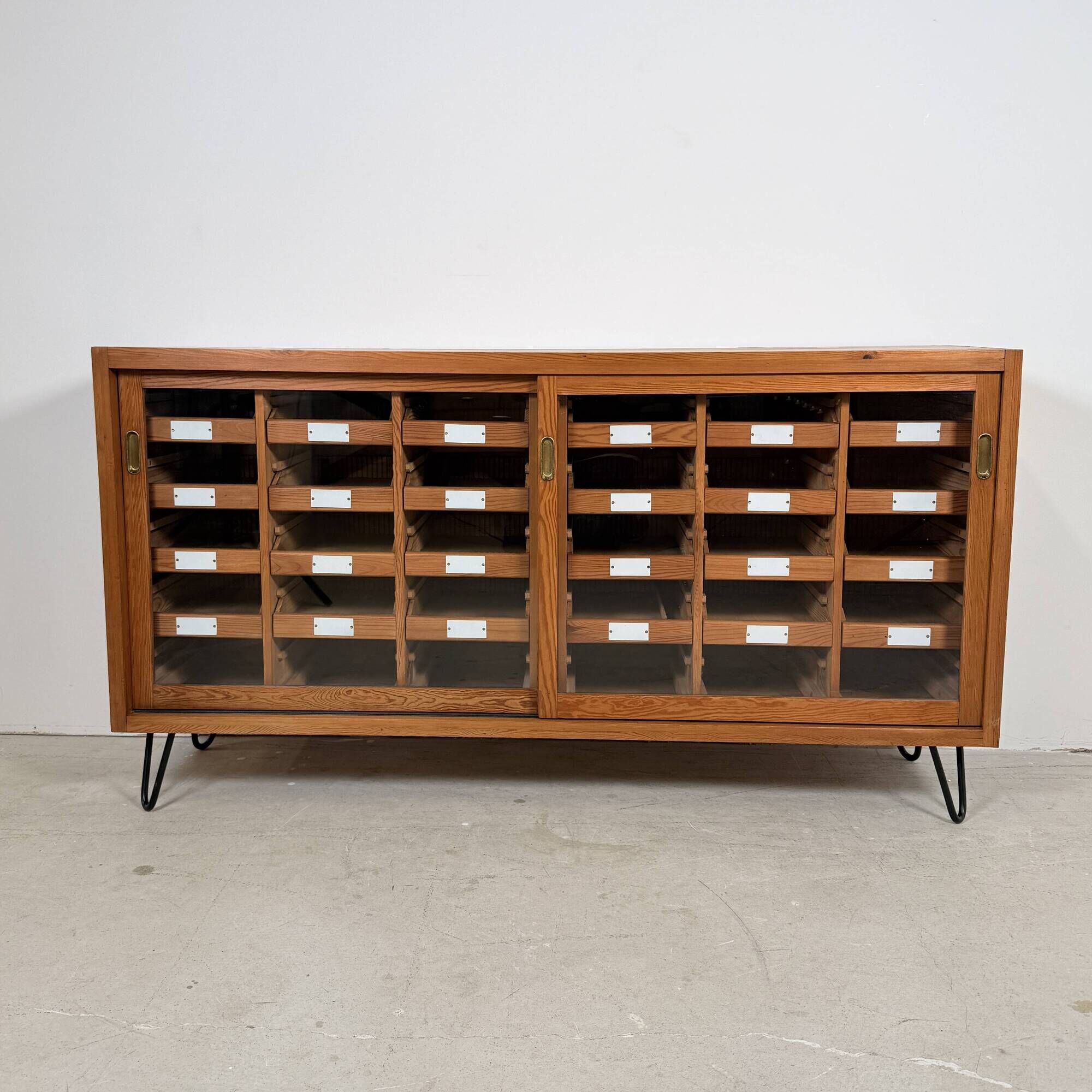 Vintage German Pine Sideboard / Sorting Cabinet with 24 Drawers & Glass Sli