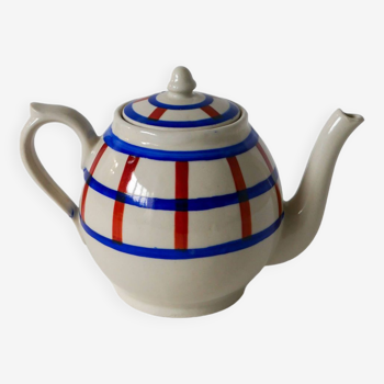 blue and pink striped earthenware teapot 1940