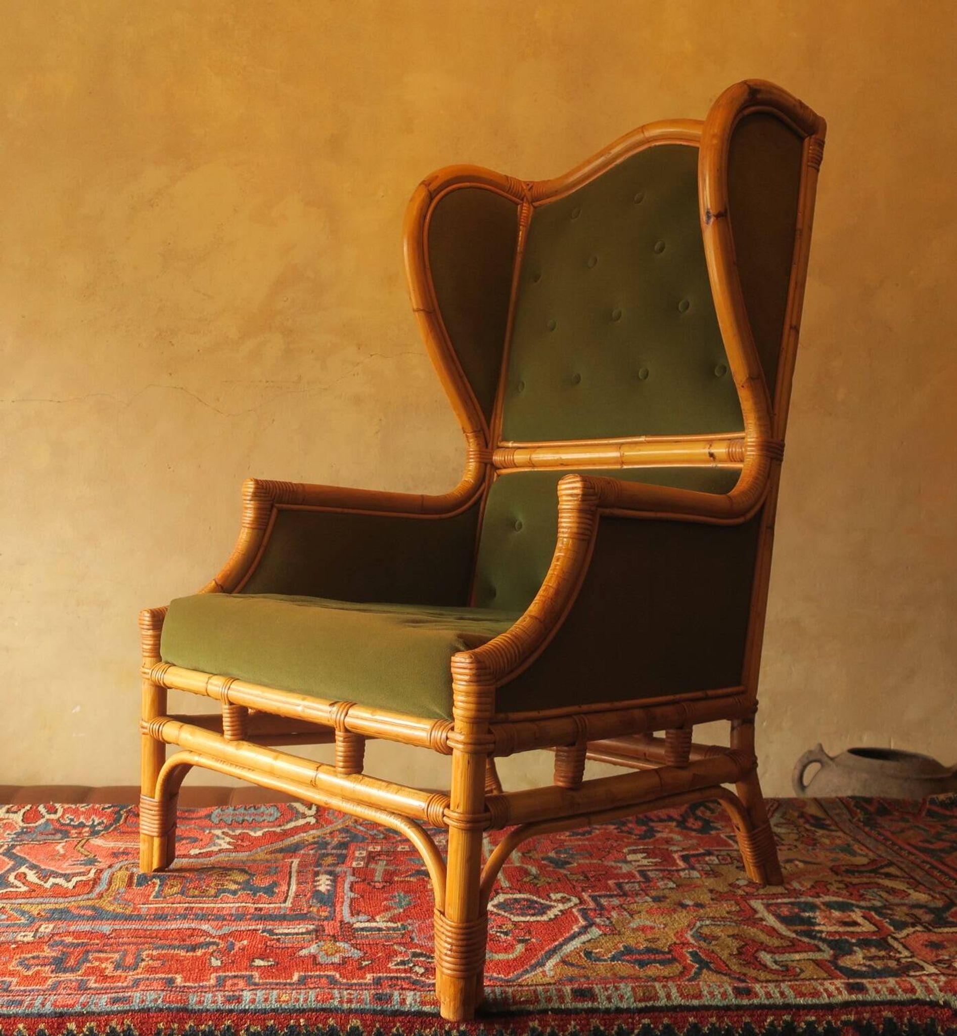 Mid-century wingback chair in bamboo and olive green, 1960s
