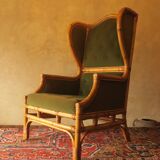 Mid century wing lounge chair in bamboo and olive green, 1960s