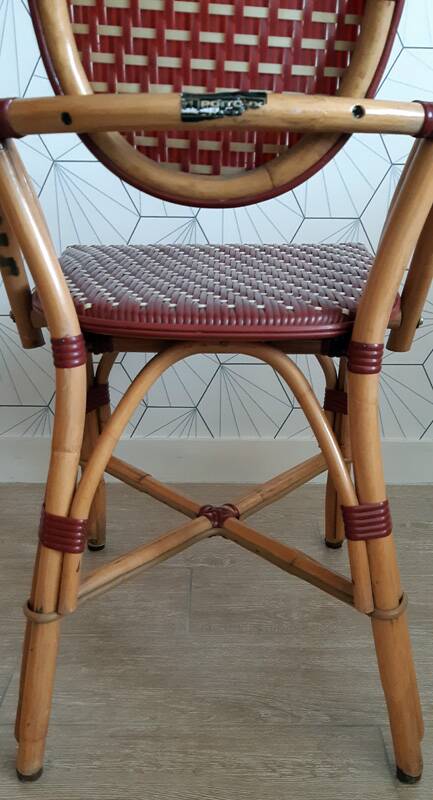 Vintage Parisian bistro armchair in rattan/bamboo and woven nylon.