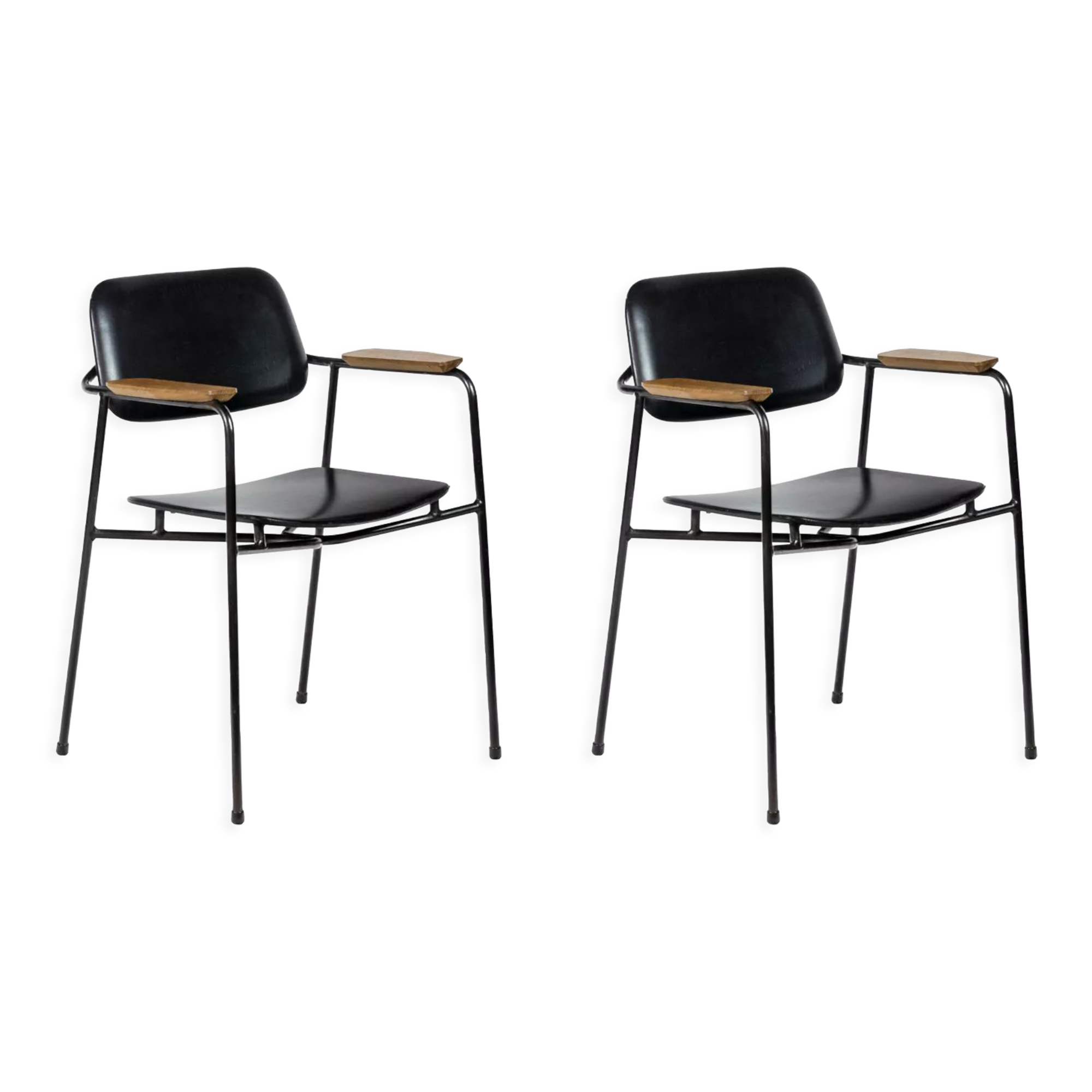 Paire de fauteuils en métal, chêne et cuir, années 1950