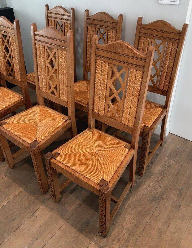Lot de 6 chaises brutalistes en bois et rotin