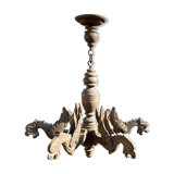 Old wooden chandelier Henri II 6 Gothic dragons