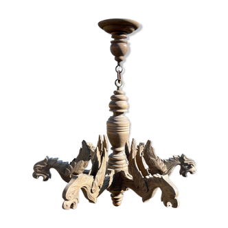 Old wooden chandelier Henri II 6 Gothic dragons