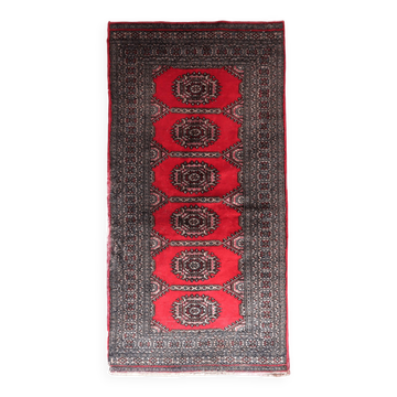 Handmade vintage Uzbek Bukhara rug 92cm x 186cm, 1960s