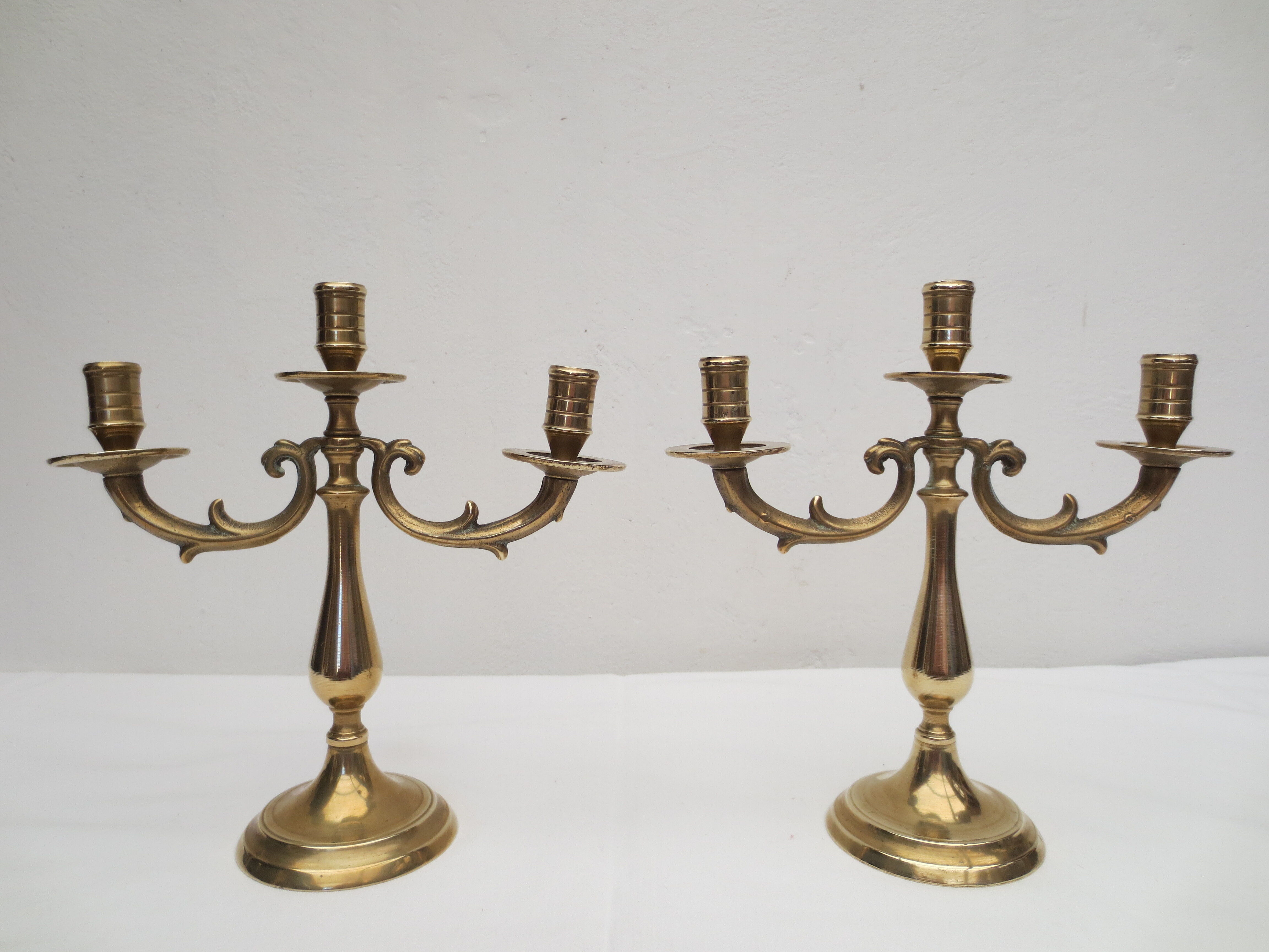 Pair of old brass candlesticks 3 branches