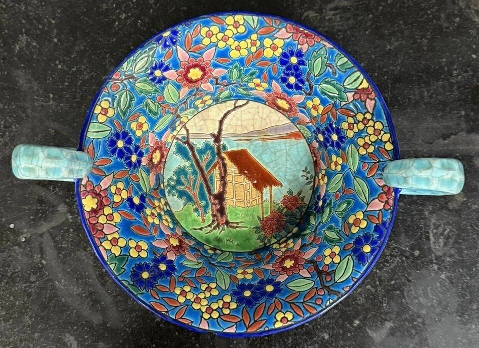 Longwy: Important bowl or empty pocket in polychrome cloisonné enamels