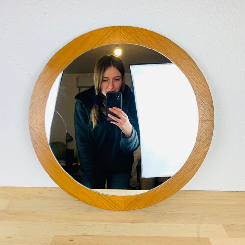 Miroir scandinave rond teck 47 cm années 60