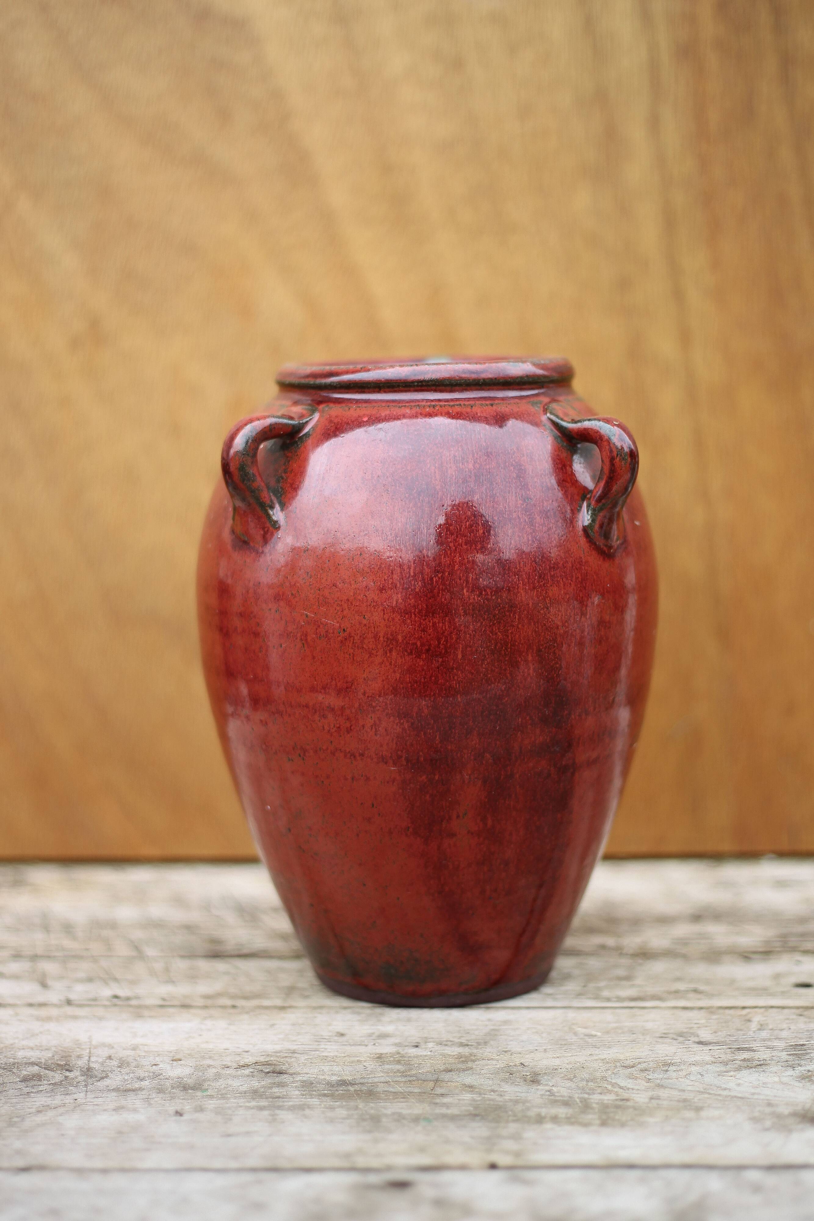 Ox blood red glazed sandstone vase, signed vase, vintage flower pot, vase with handles, collection