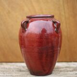 Vase grès vernissé rouge sang de boeuf, vase signé, pot à fleurs vintage, vase à anses, collection
