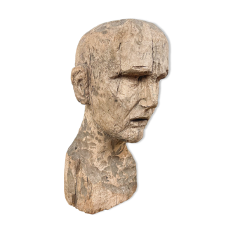 Antique hand carved wooden head Stoic