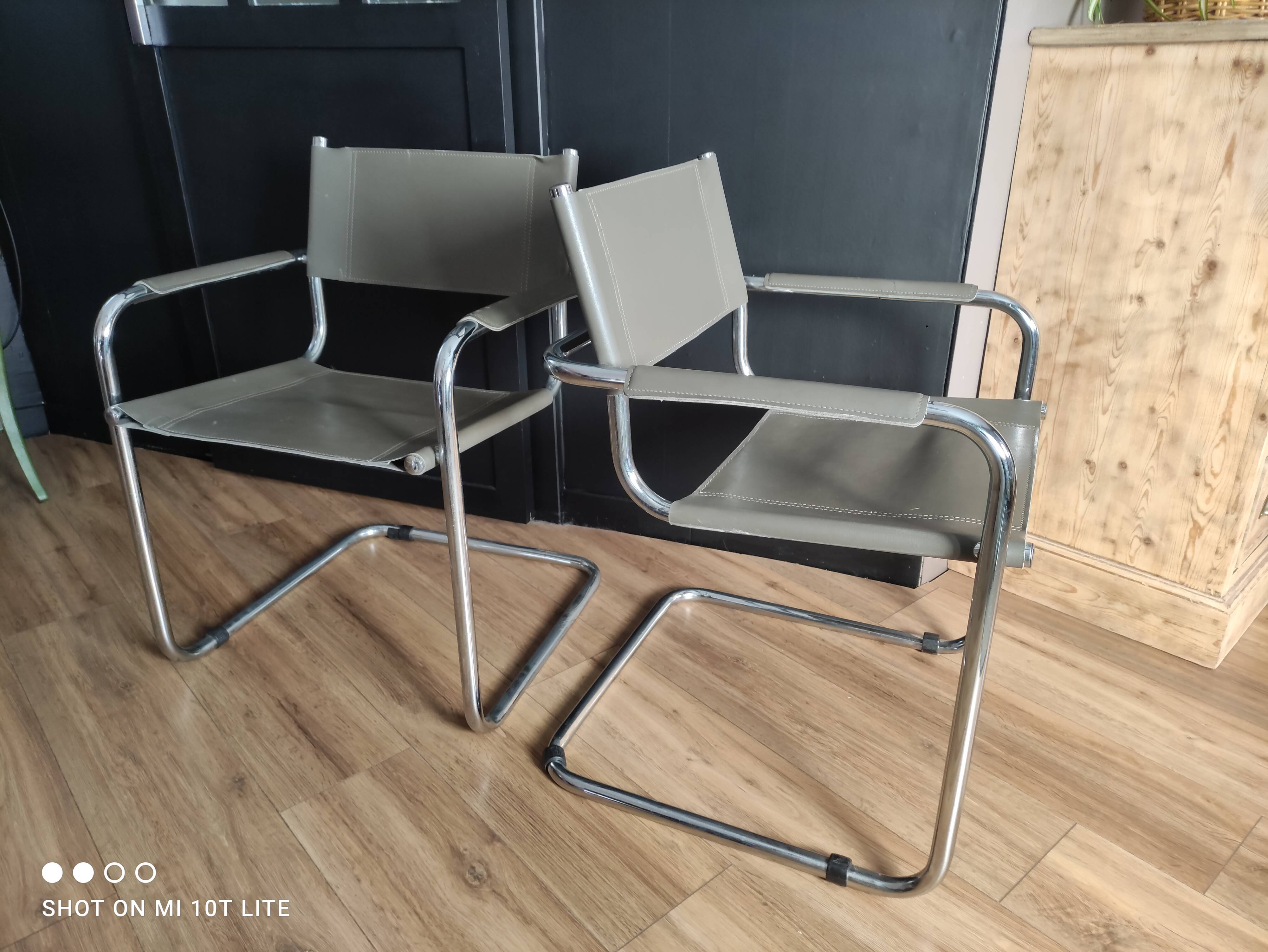 Pair of taupe Cantilever armchairs with chrome base